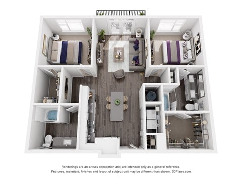 Floor plan for 2 beds, 2 baths, 1027 sqft